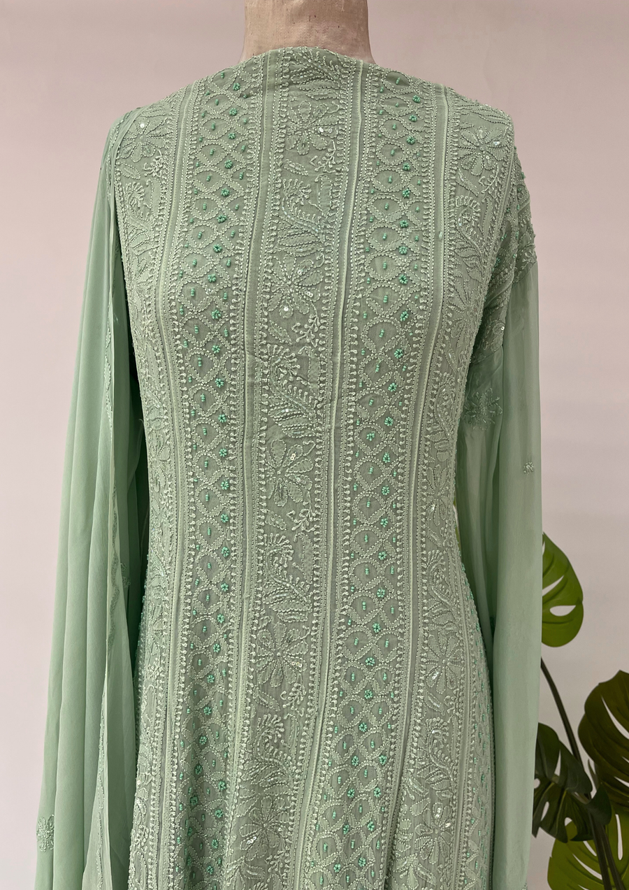 Viscose Chikankari Semistitched Anarkali - Sage Green