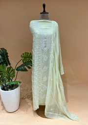 Mul Chanderi Chikankari Unstitched 2pc Suit - Lime Green