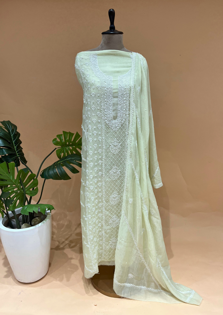 Mul Chanderi Chikankari Unstitched 2pc Suit - Lime Green
