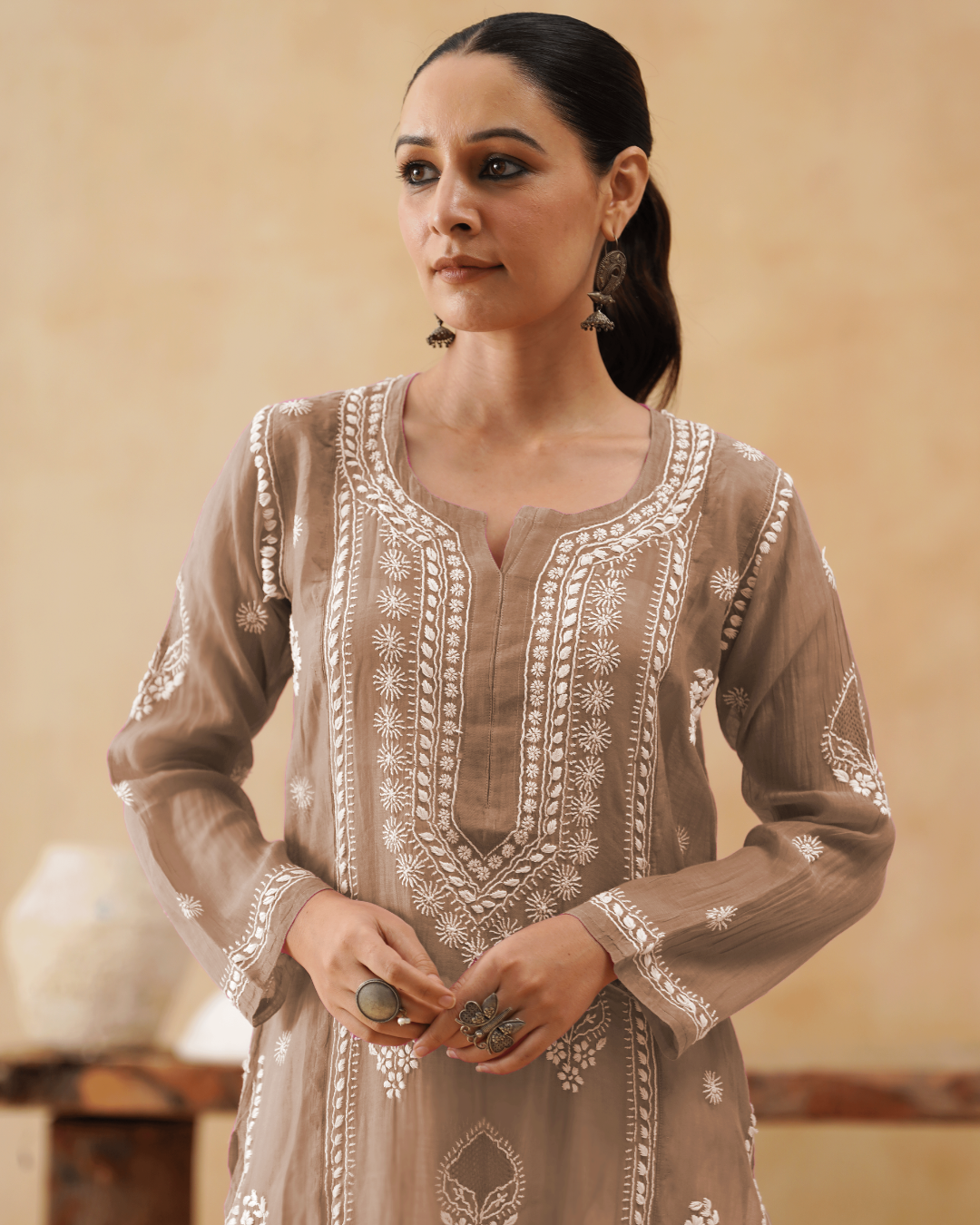 Mul Chikankari Kurta - Latte Brown