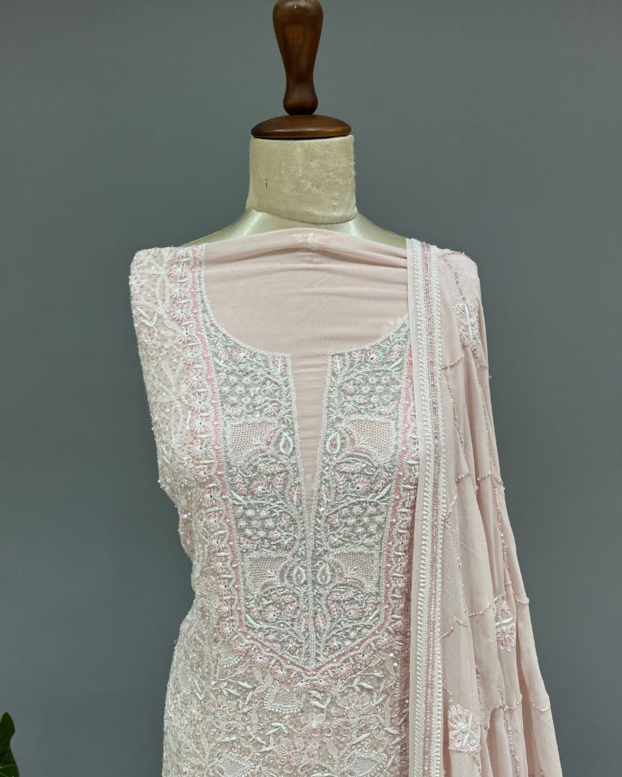 Pure Georgette Chikankari Unstitched 2pc Suit - Nude Pink