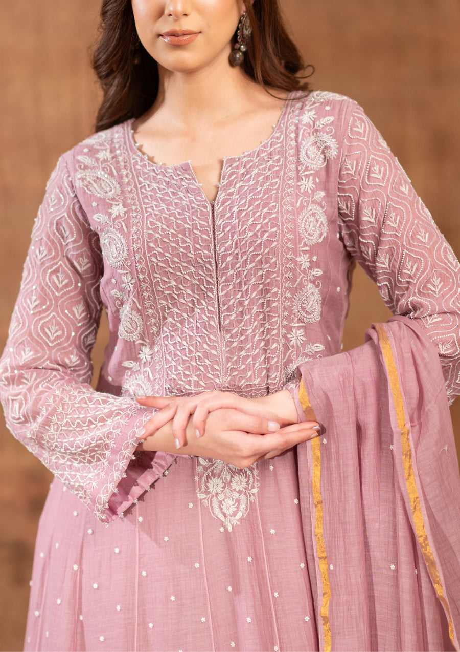 Mul Chanderi Chikankari Anarkali - sc2424238