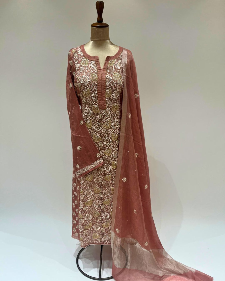 Tissue Chikankari Unstitched 2pc Suit - Rust Brown