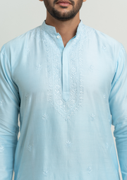 Chanderi Chikankari Men's Kurta - Serene Blue