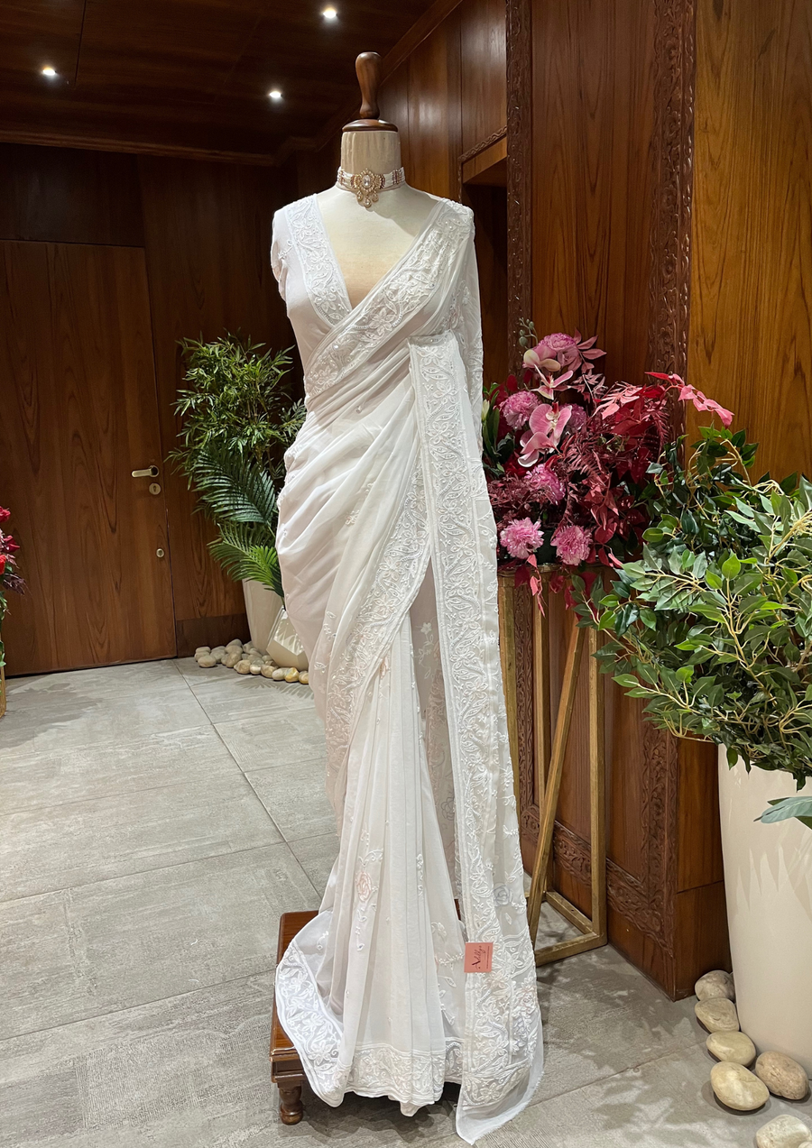 Viscose Chikankari Saree- White
