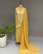 Banarsi Chanderi Chikankari Semistitch 2pc Suit - IKEA Yellow