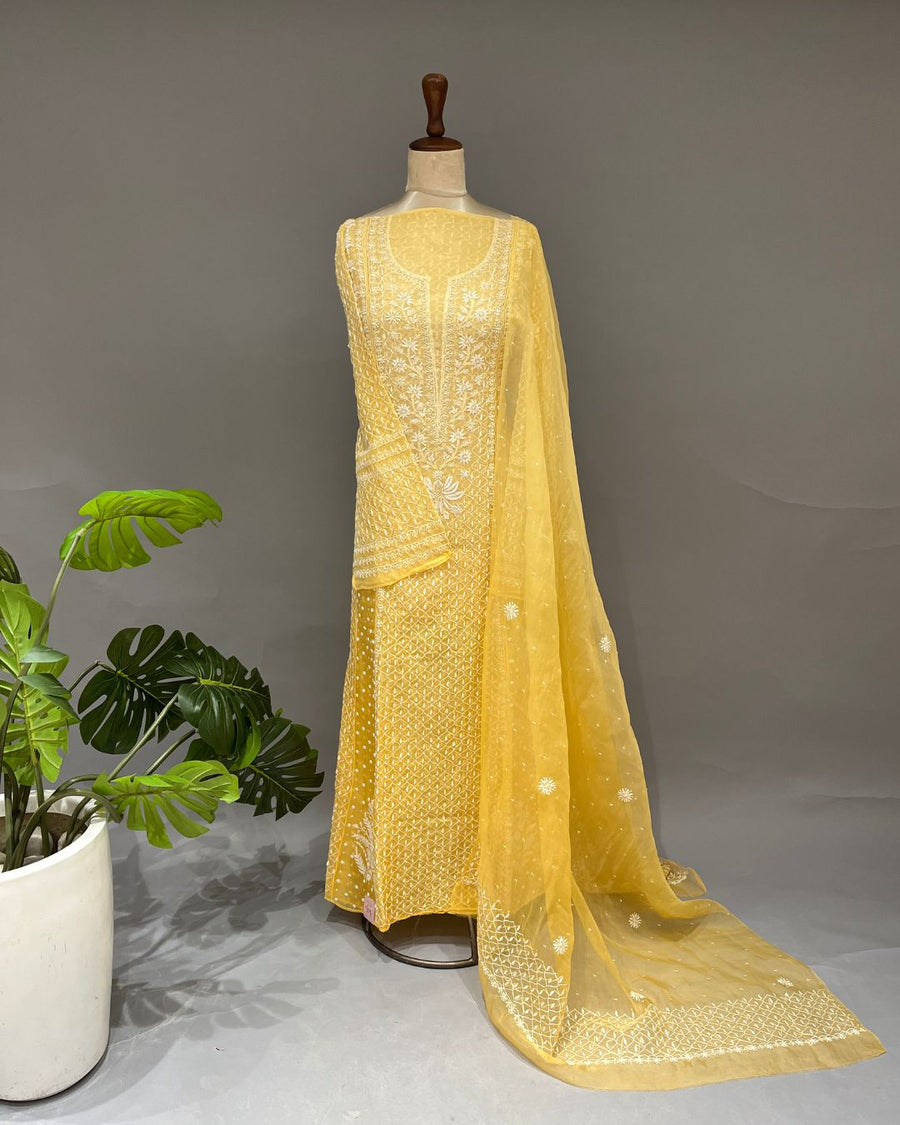Organza Chikankari Unstitch 2pc Anarkali- Sunlight Yellow Ombre