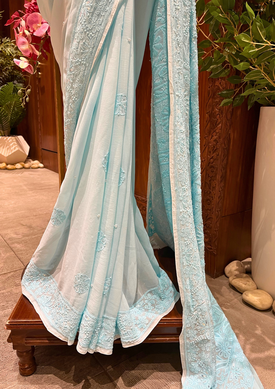 Chikankari Viscose Saree - Aqua Blue