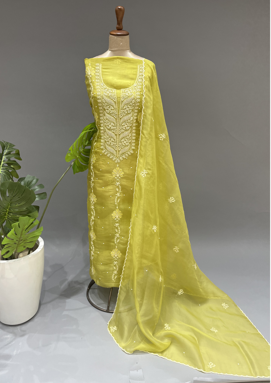 Chikankari Unstitched Organza Suit Set - Lime Green