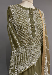 Tissue Chikankari Stitch A-Line Suit Set - Army Green