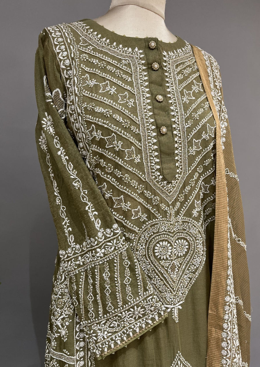 Tissue Chikankari Stitch A-Line Suit Set - Army Green