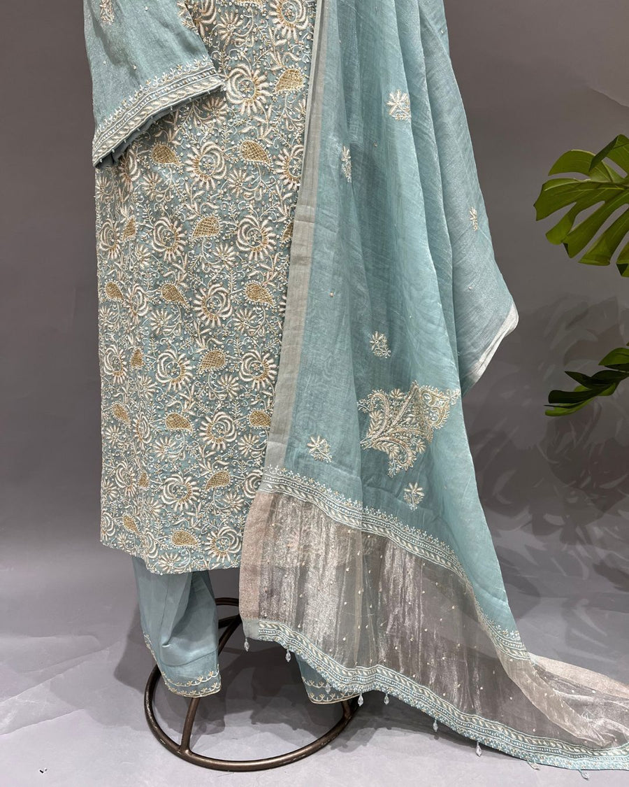Tissue Chikankari 3pc Stitched Suit - Bermuda Blue