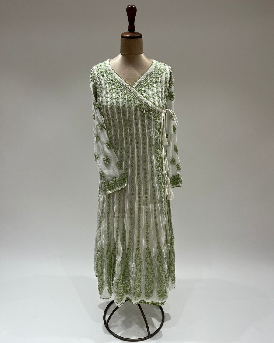 Georgette Anarkali Chikankari Kurta - White & Green