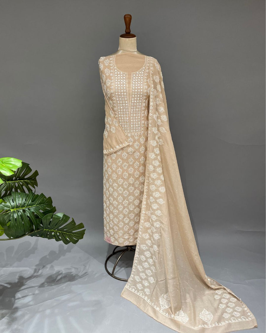 Mul Chanderi Chikankari Unstitched 2pc Suit - Coffee Latte