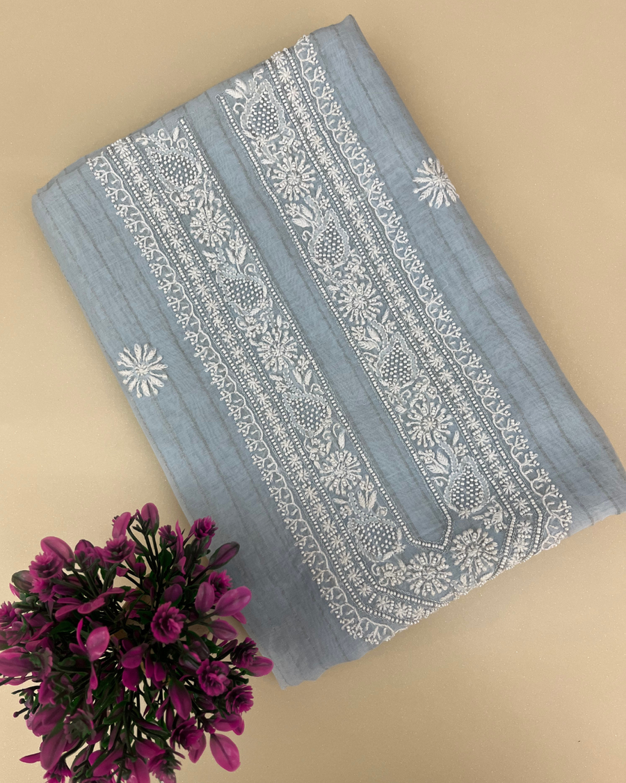 Mul Chanderi Chikankari Unstitched Mens Kurta - Powder Blue