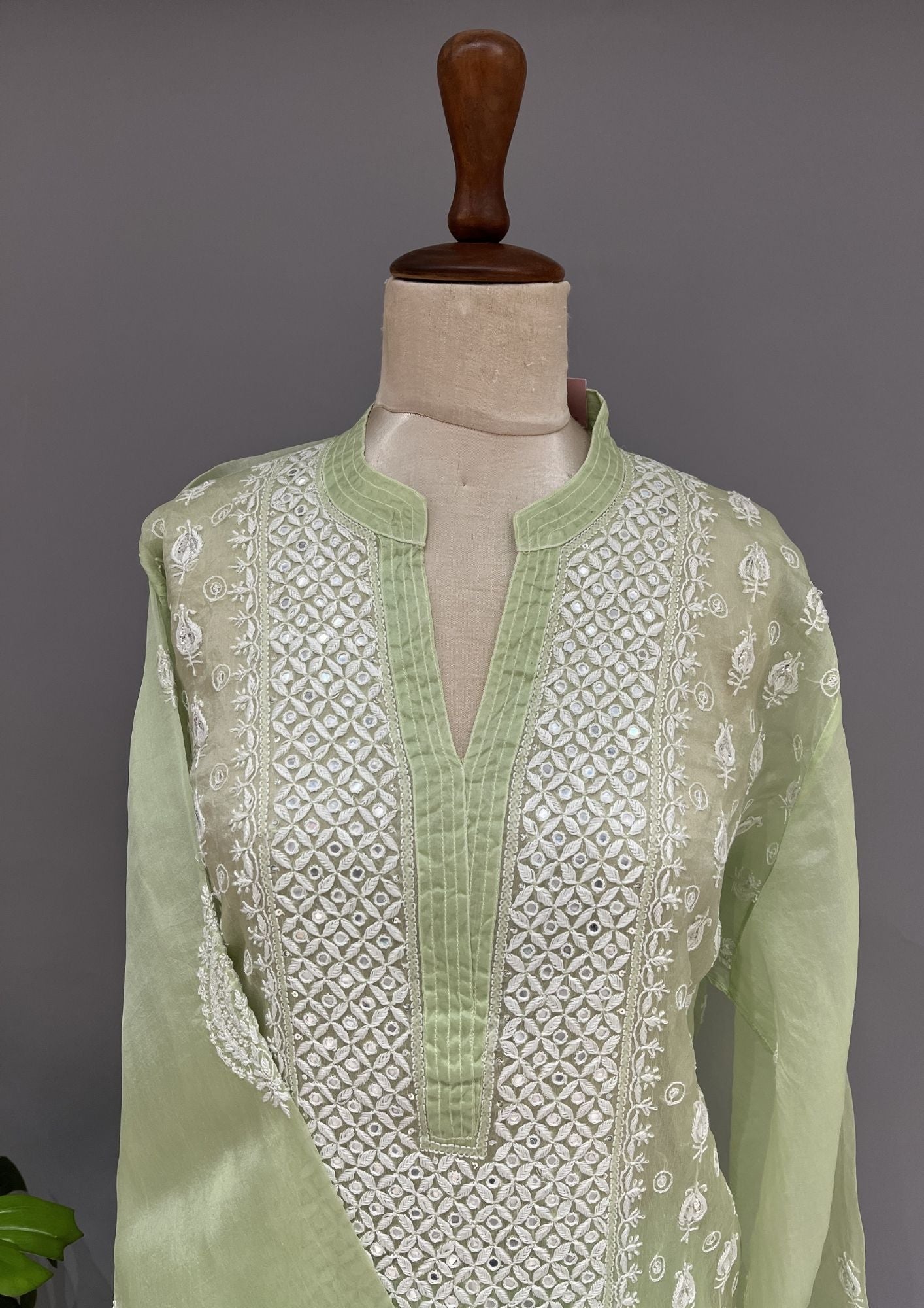 Organza Chikankari Semi Stitch Co-ord Set - Mint Green