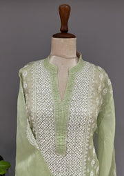 Organza Chikankari Semi Stitch Co-ord Set - Mint Green