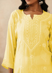 Muslin Chikankri Long Kurti - Yellow