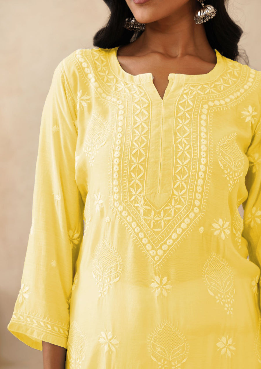 Muslin Chikankri Long Kurti - Yellow