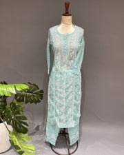Chanderi Chikankari Co-ord Set - Pale Torquoise