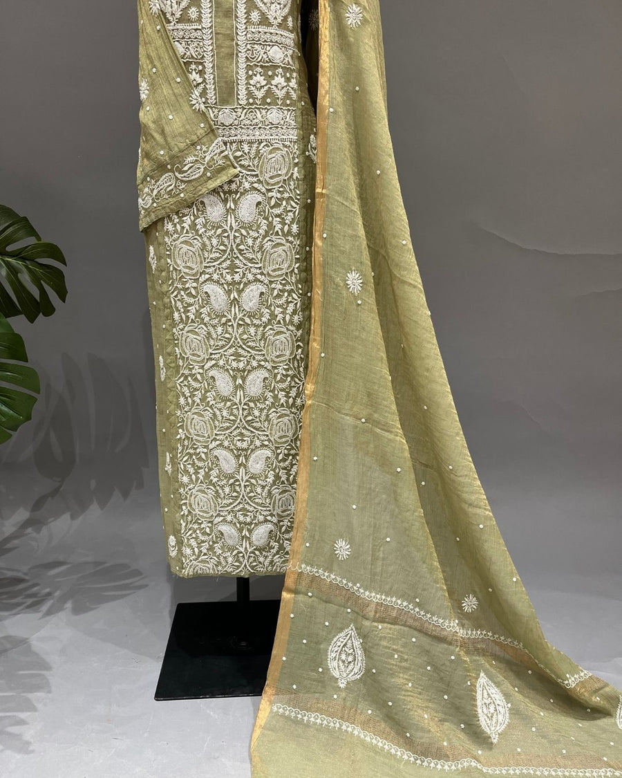 Tissue Chikankari Unstitched 2pc Suit - Olive Green