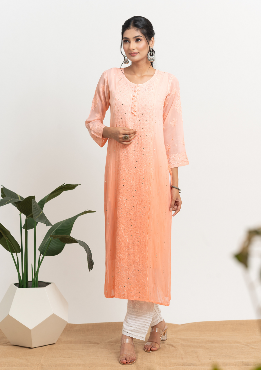 Georgette Chikankari Straight Kurta - Ombre Peach