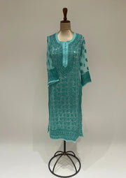 Georgette Chikankari Long Kurti - Sea Blue