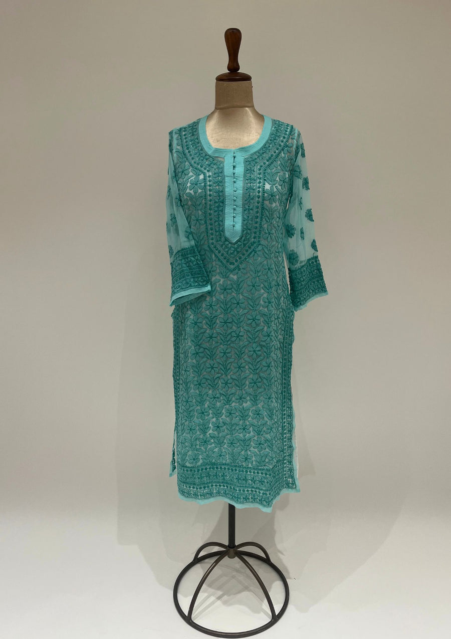 Georgette Chikankari Long Kurti - Sea Blue