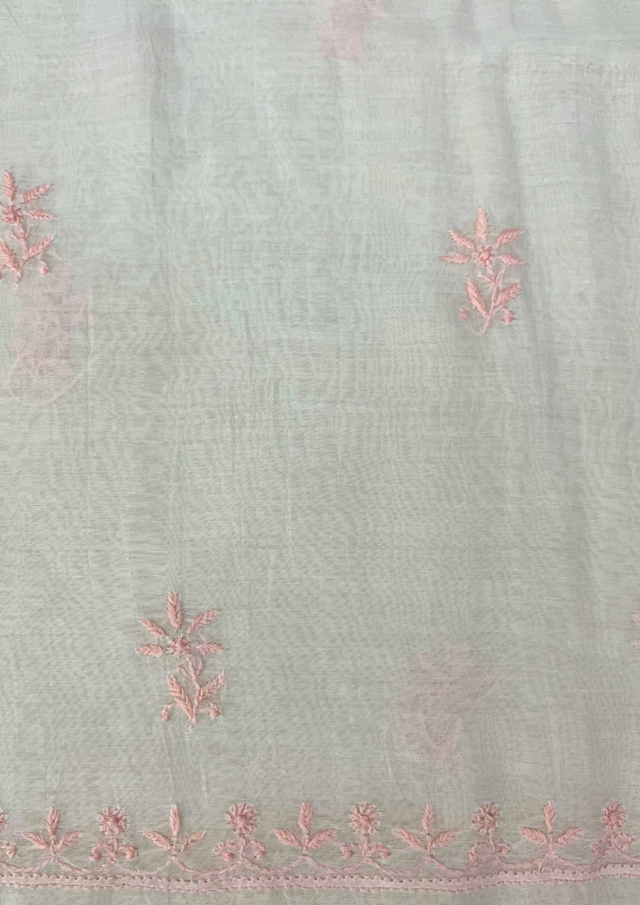 Chikankari Mul Chanderi Unstitched 2Pc Suit - White and Peach