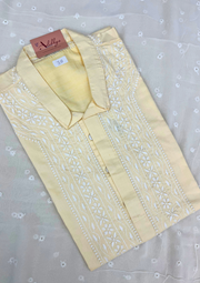Cotton Chikankari Stitched Mens Kurta- Yellow