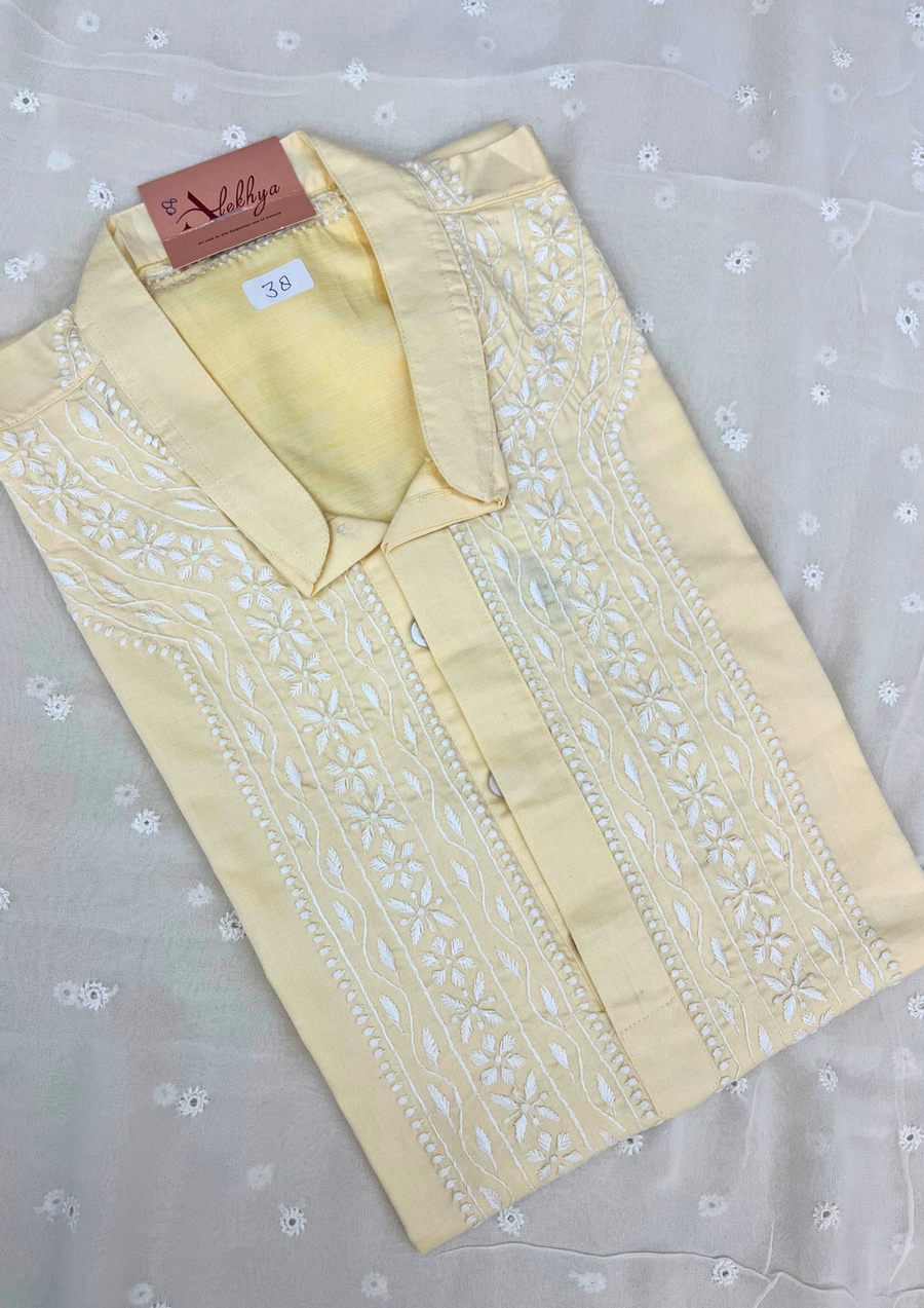 Cotton Chikankari Stitched Mens Kurta- Yellow
