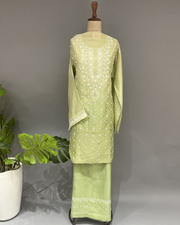 Chanderi Chikankari Co ord Set - Sage Green