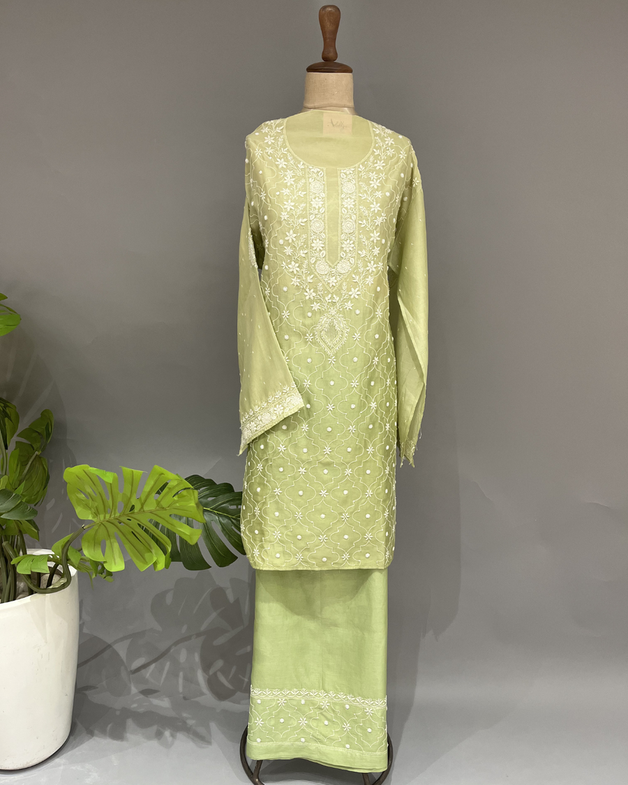 Chanderi Chikankari Co ord Set - Sage Green