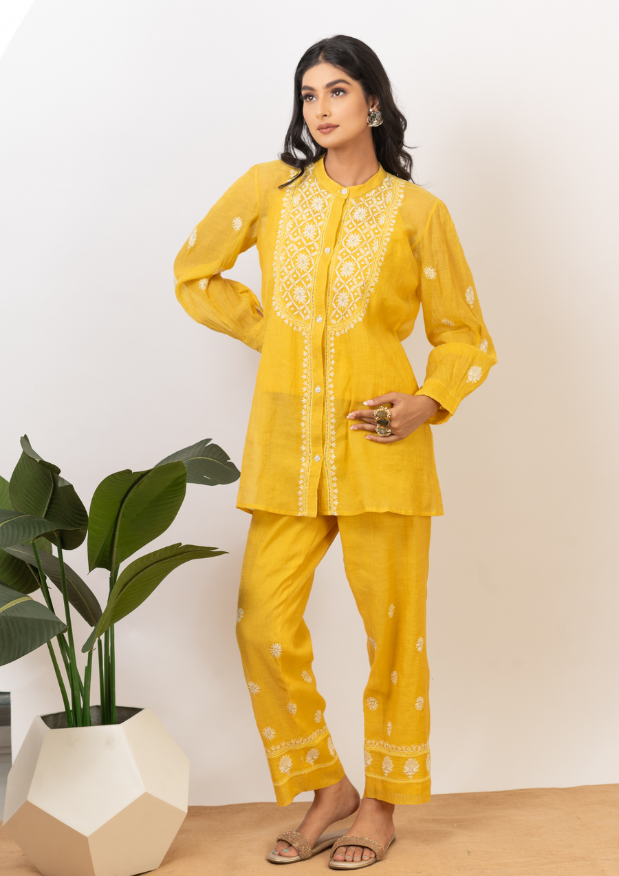 Tissue Chanderi chikankari coord set - radiant yellow