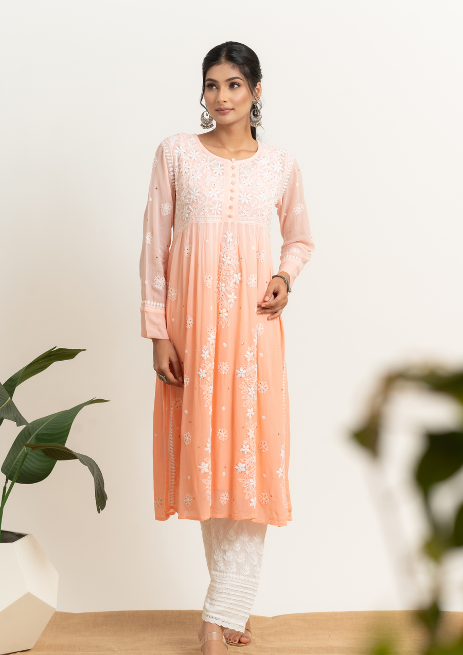 Georgette Chikankari Straight Kurta - Tropical Peach