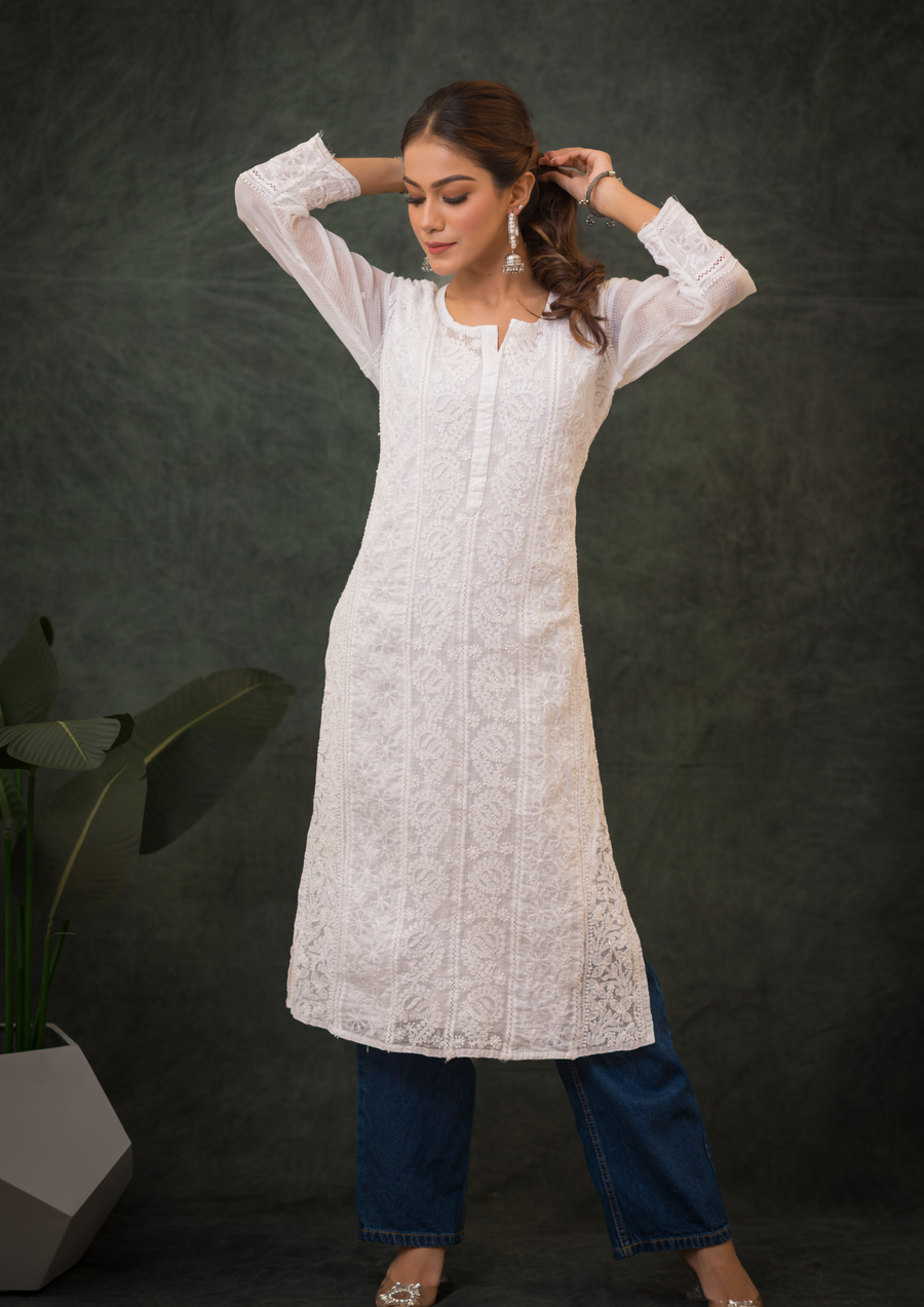 Kota Chikankari Long Kurti - Serene White