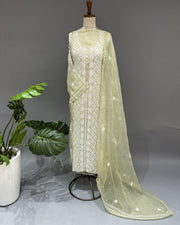 Organza Chikankari Unstitch 2pc Suit - Lime Green