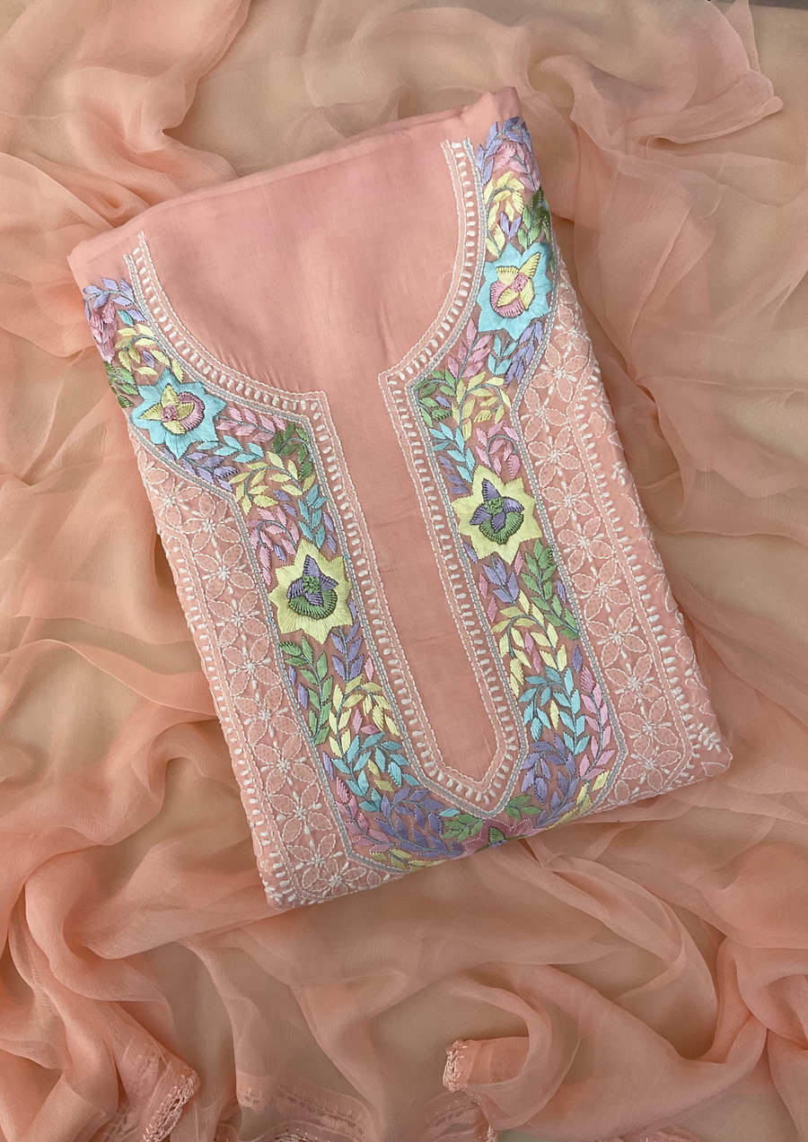 Cotton Chikankari Unstitched Suit - Peach