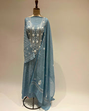 Tissue Chikankari Unstitched Anarkali - Cornflower Blue