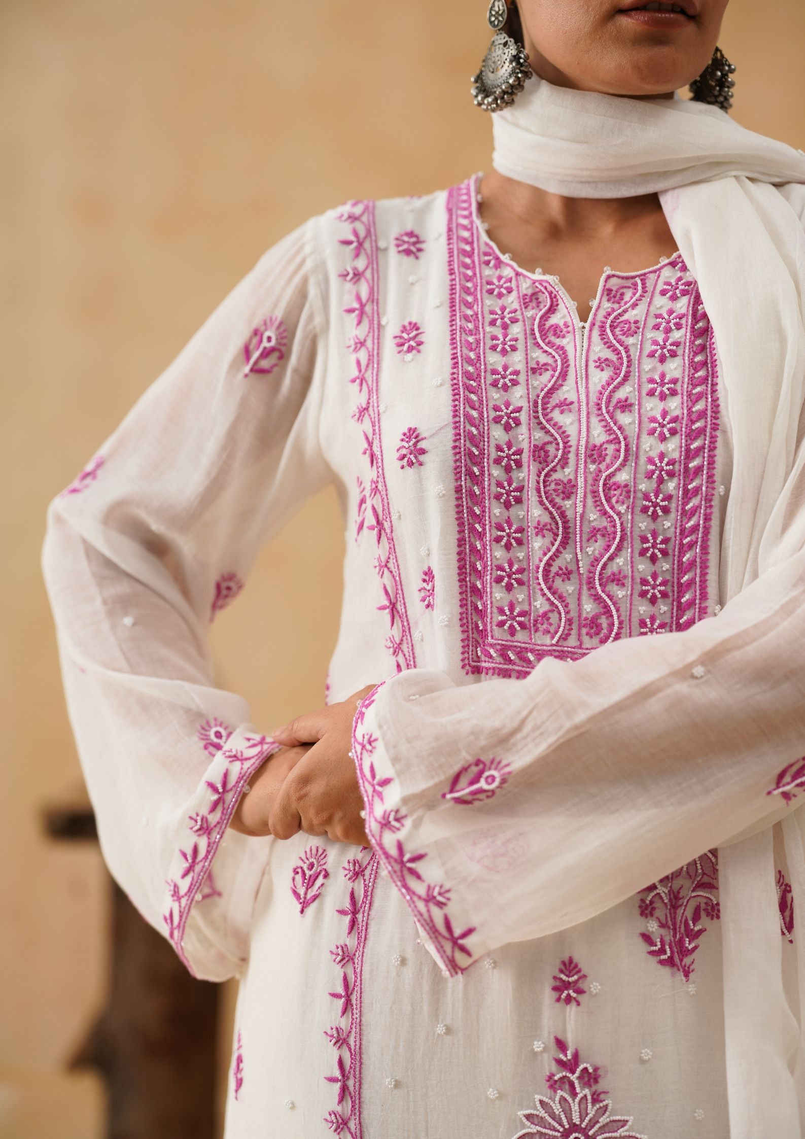 Mul Chikankari Suit Set - White and Pink