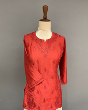 Chanderi Chikankari Short Kurti - Rustic Red