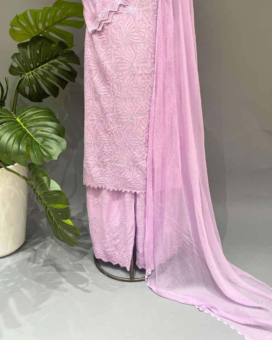 Muslin Chikankari Suit Set - Lavender