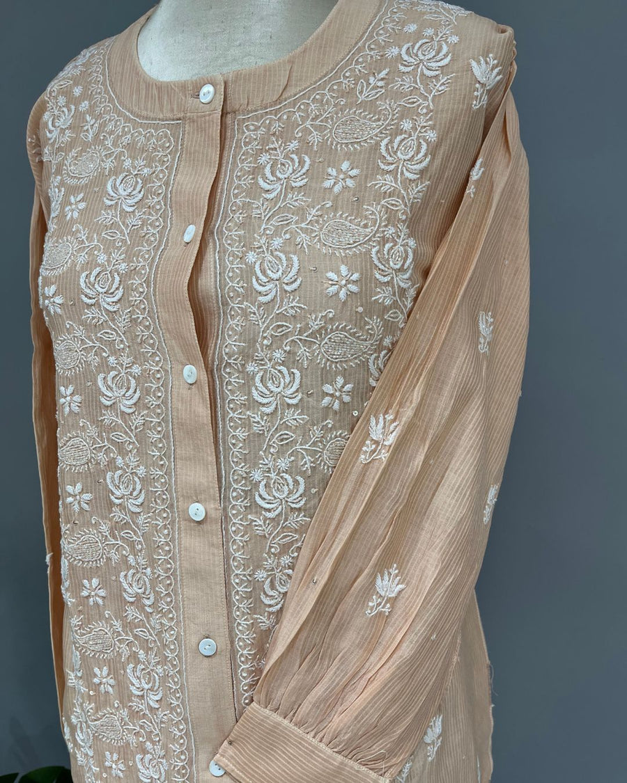 Maheshwari Chanderi Chikankari Co ord set - Dusty Peach
