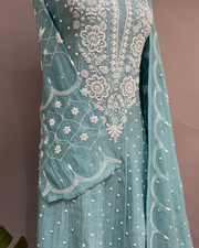 Mul Chanderi Chikankari Suit Set - Cyan Blue