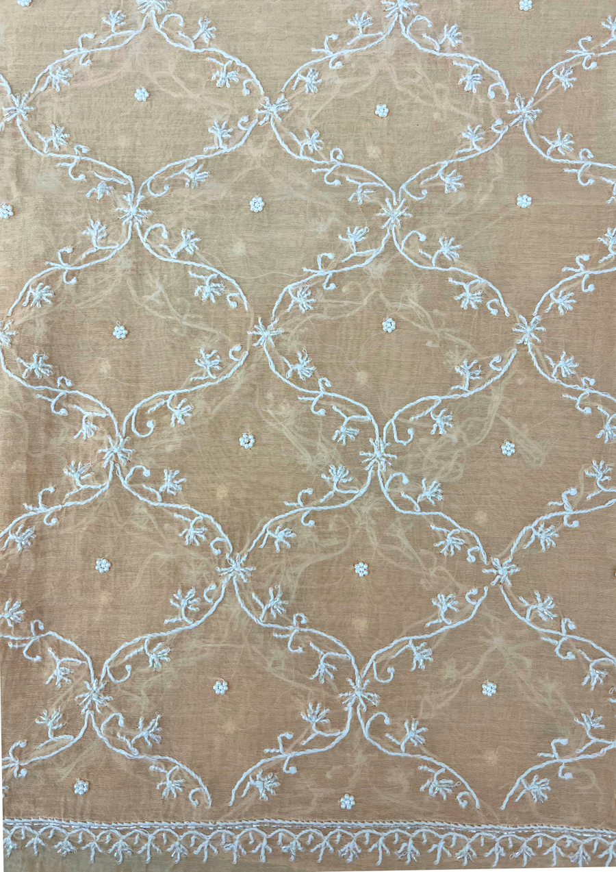 Chikankari Mul Chanderi Unstitched 2Pc Suit - Peach