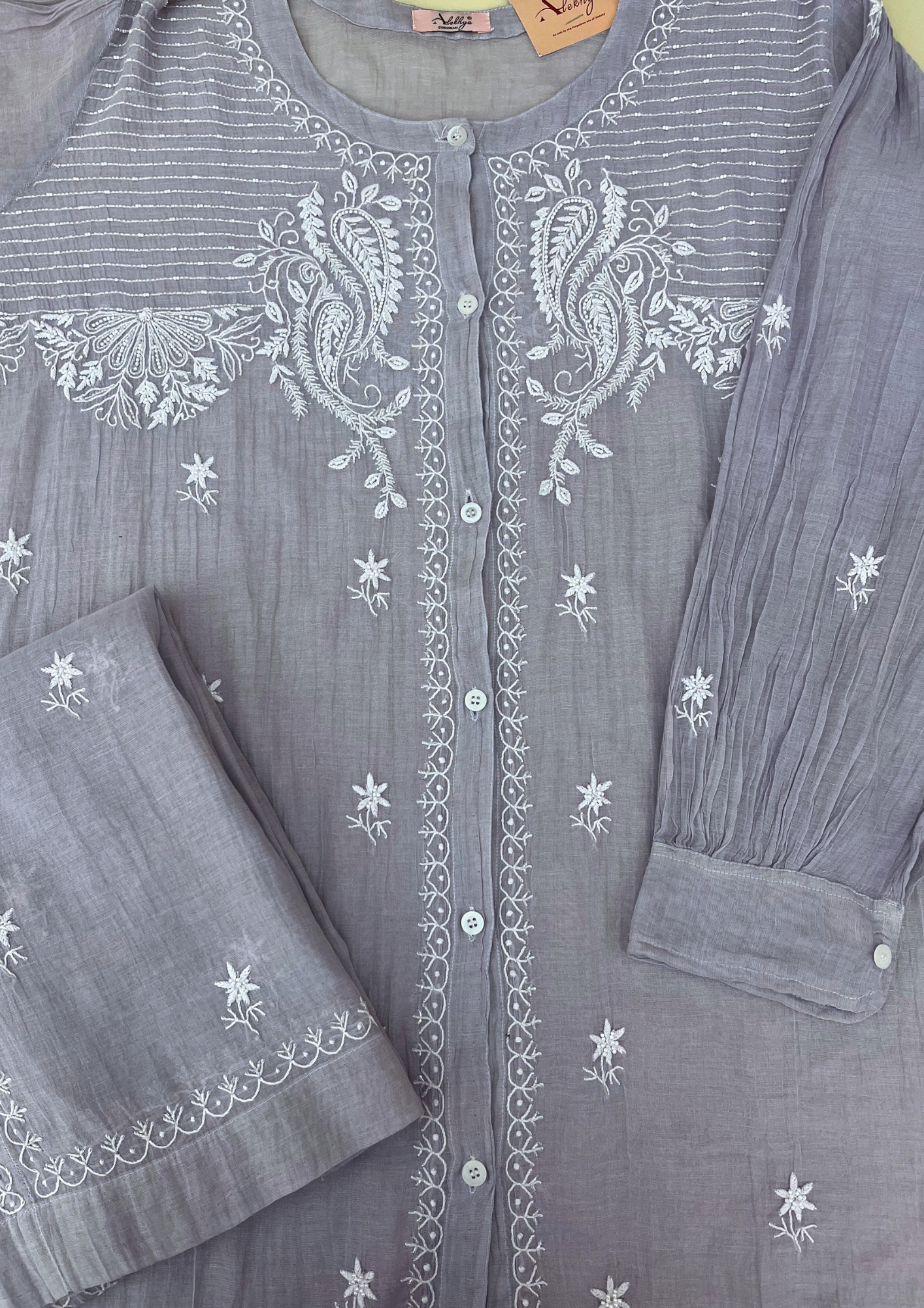 Chikankari Semistitched Tissue Co-ord Set - Silver Grey