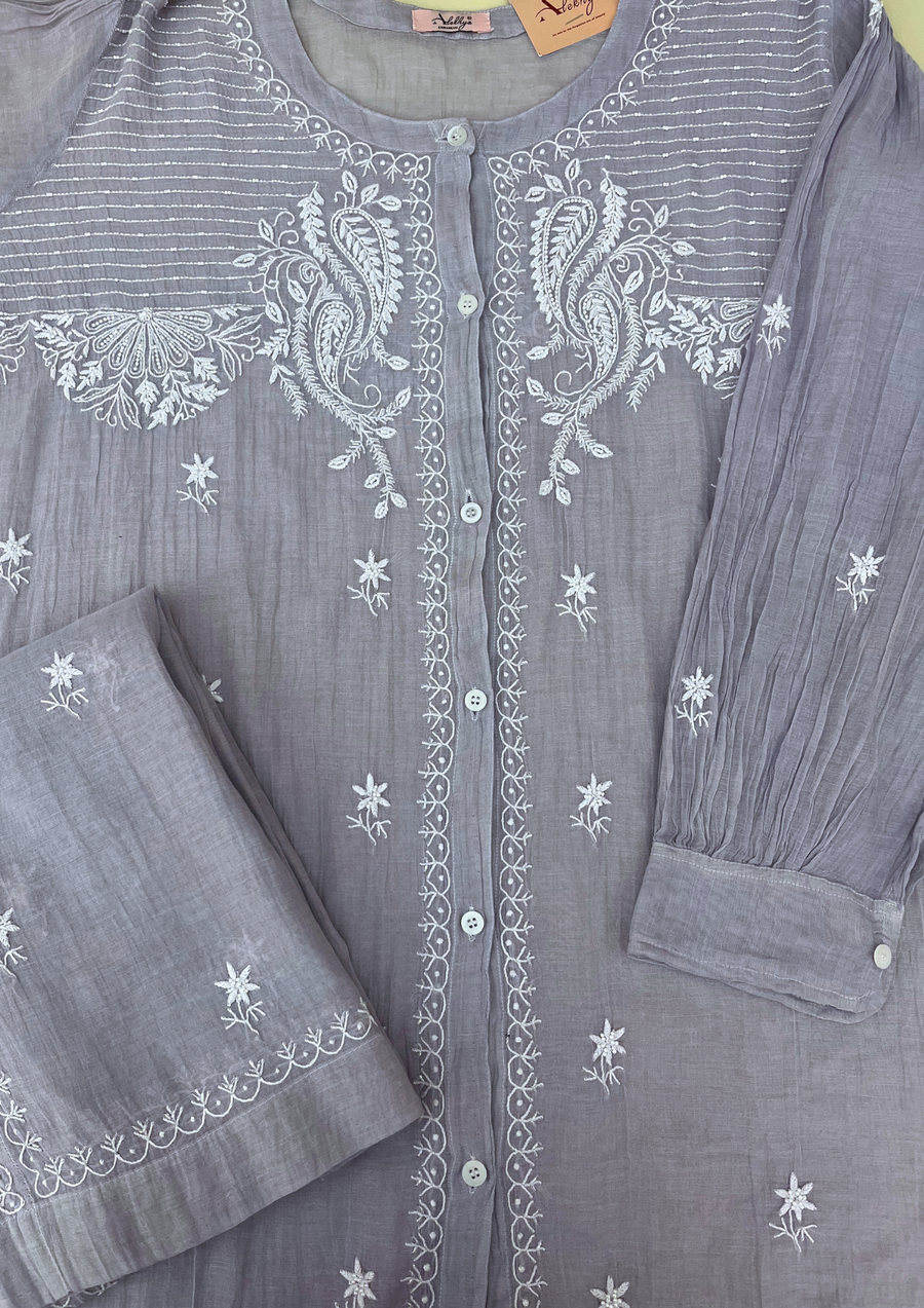 Chikankari Semistitched Tissue Co-ord Set - Silver Grey