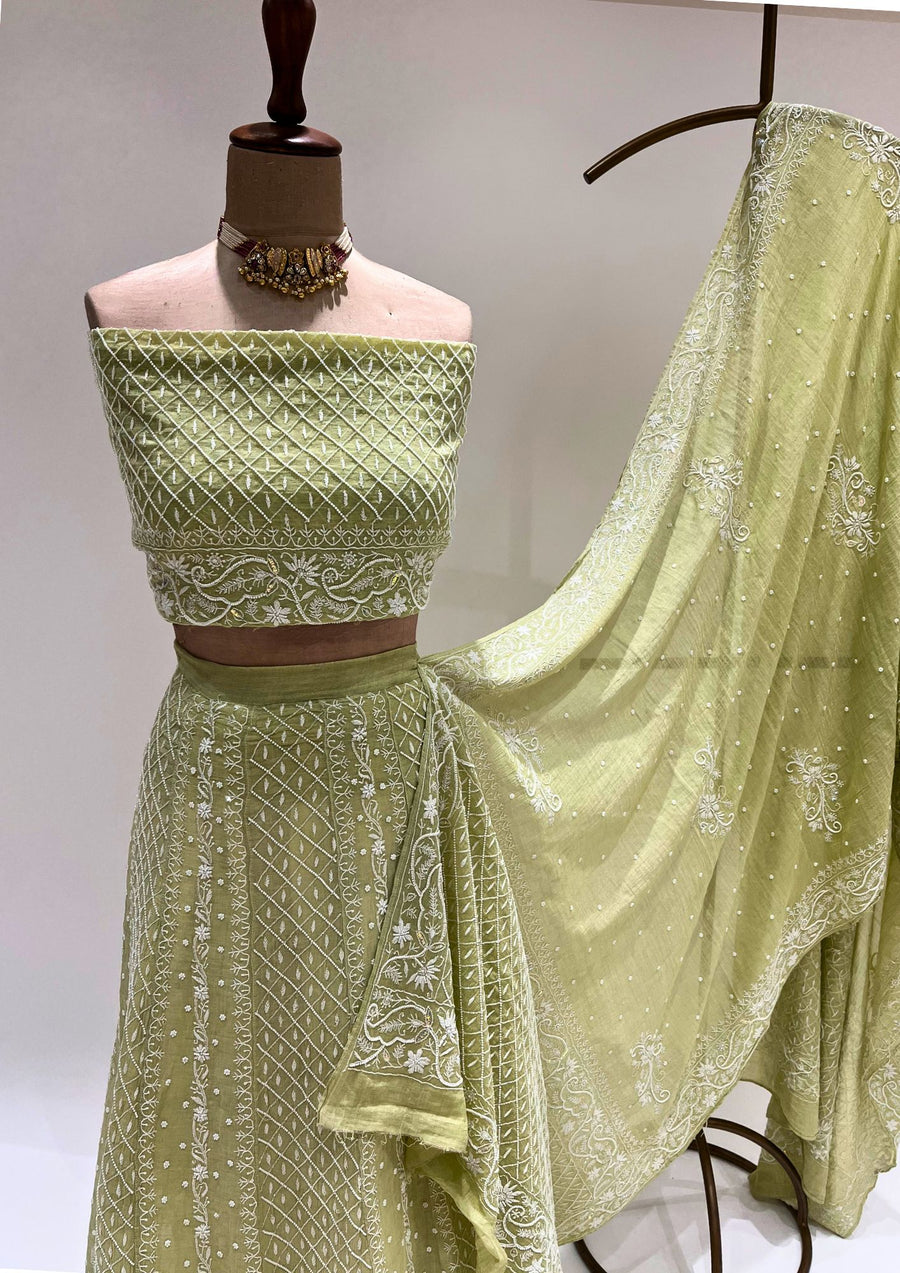 Pure Georgette Chikankari Unstitched Lehenga - Sage Green