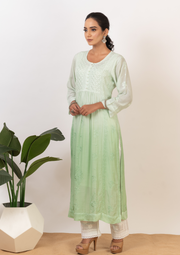 Muslin chikankari long kurta - ombre green