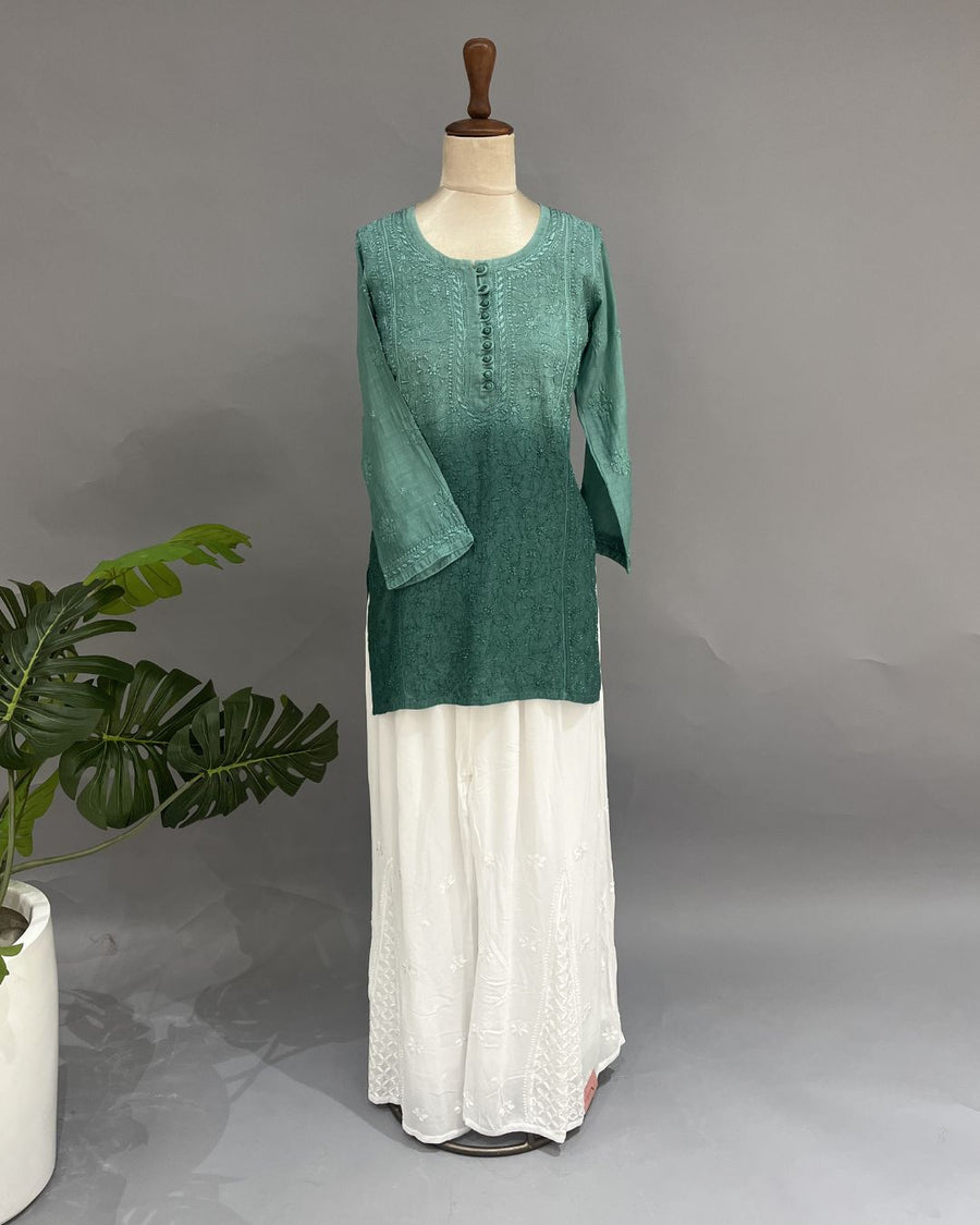 Muslin Chikankari Short Kurti - Teal Green